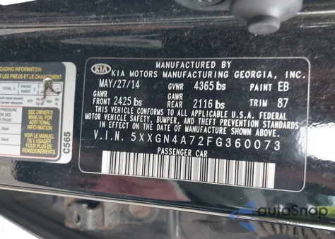 2015 Kia Optima Ex from USA, damaged, VIN 5XXGN4A72FG360073